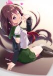  1girl black_thighhighs blue_jacket brown_hair feet_out_of_frame green_sailor_collar green_skirt hair_ornament highres jacket kantai_collection kisaragi_(kancolle) kisaragi_kai_ni_(kancolle) long_hair looking_at_viewer looking_back metadio neckerchief one_eye_closed purple_eyes red_neckerchief sailor_collar school_uniform serafuku skirt solo thighhighs 