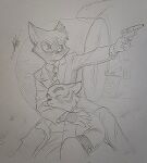 2024 4_fingers anthro atlas_may bottomwear cafeabril car circle_background clothed clothed_anthro clothed_male clothing collared_shirt domestic_cat duo eyebrows eyewear felid feline felis fingers fully_clothed fully_clothed_anthro fully_clothed_male fur glasses graphite_(artwork) grass gun handgun head_on_lap head_tuft hi_res holding_gun holding_handgun holding_object holding_ranged_weapon holding_revolver holding_weapon jacket lackadaisy lying_on_another male male/male male_anthro mammal monochrome mordecai_heller mouth_closed on_lap pants plant ranged_weapon revolver shirt signature sitting suit_jacket topwear traditional_media_(artwork) tuft vehicle weapon wearing_glasses whiskers