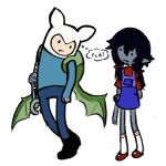 adventure_time aged_down alternate_species alternate_universe ambiguous_gender backpack black_hair boots bottomwear cartoon_network clothing demon dot_eyes dreamscreep duo fangs female finn_the_human footwear grey_body grey_skin hair hat headgear headwear hi_res humanoid inner_monologue marceline_abadeer mary_janes mechanical_arm membrane_(anatomy) membranous_wings not_furry overall_dress pale_skin pants pigtails pointy_ears shirt shoes simple_eyes socks t-shirt teeth thinking thought_bubble toony topwear vampire walking wings