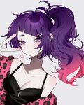  1girl animal_print arm_up black_tank_top breasts cleavage closed_mouth collarbone diagonal_bangs ear_piercing fingernails grey_background hair_ornament hairclip hazaki_yoshino heart highres idolmaster idolmaster_shiny_colors leopard_print looking_at_viewer nail_polish piercing purple_eyes purple_hair side_ponytail simple_background solo tanaka_mamimi tank_top upper_body v 