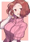  1girl blush border brown_eyes brown_hair do_m_kaeru dress forehead layered_dress layered_sleeves long_sleeves looking_at_viewer okumura_haru open_mouth outside_border persona persona_5 pink_sweater ribbed_sweater short_hair short_over_long_sleeves short_sleeves simple_background smile solo sweater turtleneck turtleneck_sweater white_border white_sleeves 