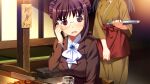  2girls apron apron_hold ascot beer_mug blue_brooch breasts brooch brown_hair brown_jacket brown_kimono cellphone chair cup double_bun food fumio_(ura_fmo) game_cg glasses grisaia_(series) grisaia_no_rakuen hair_bun holding holding_phone holding_tray indoors jacket japanese_clothes jewelry kimono large_breasts long_sleeves mug multiple_girls non-web_source official_art on_chair open_mouth phone red_apron red_eyes shirt short_hair_with_long_locks sitting skewer smartphone standing suit_jacket tachibana_chizuru_(grisaia) talking_on_phone three-quarter_sleeves tray variant_set white_ascot white_shirt zoey_graham 