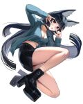  1girl \m/ absurdres animal_ear_fluff animal_ears ankle_boots artist_name belt black_belt black_boots black_choker black_hair black_nails black_skirt blunt_bangs blunt_ends boots breasts choker cleavage collared_shirt commentary double_\m/ elfe_art fang fingernails floating_hair fox_ears fox_girl green_shirt high_heel_boots high_heels highres hoshimi_miyabi large_breasts legs long_fingernails long_hair long_sleeves looking_at_viewer nail_polish open_mouth partially_unbuttoned platform_boots red_eyes shirt simple_background skirt solo studded_choker very_long_hair white_background zenless_zone_zero 