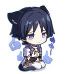  1boy animal_ears armor bangs black_hair blue_eyes cat_boy cat_ears cat_tail chibi closed_mouth eyeshadow genshin_impact highres japanese_armor japanese_clothes kote kurokote makeup male_focus red_eyeshadow scaramouche_(genshin_impact) scaramouche_(kabukimono)_(genshin_impact) simple_background sitting solo ta_nuki tail tearing_up tears white_background 