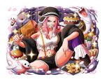  1girl boned_meat cake cherry cupcake eating food fruit ghost hat holding holding_food jewelry_bonney meat official_art one_piece one_piece_treasure_cruise pink_hair teeth 