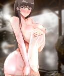  1girl bangs black_eyes black_hair blunt_bangs blurry blurry_background blush breasts closed_mouth commentary covering covering_breasts covering_crotch cowboy_shot depth_of_field frown girls_und_panzer glaring highres large_breasts long_hair looking_at_viewer mature_female naked_towel nishizumi_shiho onsen see-through solo standing straight_hair tako_(00303780) towel wet wet_towel 