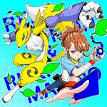  2girls belt black_sclera blue_background blue_eyes blue_pants blue_shirt body_fur brown_hair card character_name colored_sclera d-ark digimon digimon_(creature) digimon_tamers eikenkobayashi fox_tail full_body gradient_background high_ponytail highres holding holding_card kitsune leaf looking_at_another makino_ruki motion_blur multiple_girls pants ponytail renamon shirt simple_background tail white_fur white_shirt yellow_fur yellow_tail 