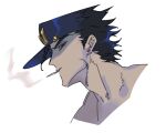  1boy black_hair blackveil_jo blue_eyes blue_hat cigarette commentary_request cropped_shoulders earrings hat jewelry jojo_no_kimyou_na_bouken kujo_jotaro looking_at_viewer male_focus mouth_hold peaked_cap portrait profile smoke smoking solo stardust_crusaders stud_earrings white_background 
