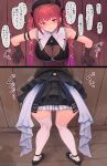  1girl arm_strap armpit_crease ass black_gloves black_skirt cleavage_cutout closed_mouth clothing_cutout commentary_request frilled_skirt frills from_behind glory_wall gloves gradient_hair hair_ornament hair_ribbon hat heterochromia highres hololive houshou_marine jewelry long_hair looking_at_viewer miniskirt multicolored_hair multiple_views necklace paid_reward_available red_hair ribbon roke_(taikodon) skirt solo sound_effects speech_bubble stuck sweatdrop thighhighs through_wall translated twintails virtual_youtuber white_thighhighs wooden_floor wooden_wall x_hair_ornament 