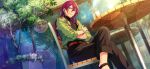  1boy bangs belt black_pants black_shirt blue_eyes bracelet chair crossed_arms crossed_legs cup drinking_glass drinking_straw earrings ensemble_stars! hair_between_eyes happy_elements jewelry layered_clothes long_hair male_focus nail_polish necklace official_art on_chair open_mouth pants plant purple_hair saegusa_ibara shirt sitting sleeveless sleeveless_turtleneck solo table third-party_source turtleneck wig 