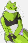 absurd_res anthro armband bandai_namco belly bra bulge canid canine canis clothing digimon digital_media_(artwork) eye_markings eyes_closed facial_markings fluffy fluffy_chest garmore green_body gynomorph head_markings hi_res intersex leather logo_on_clothing logo_on_underwear loogamon mammal markings mattress neck_tuft owner panties shaded sleeping solo sports_bra tempest_(garmore) tuft underwear wolf