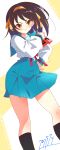  1girl absurdres blue_sailor_collar blue_skirt brown_eyes brown_hair hairband highres kita_high_school_uniform long_sleeves looking_at_viewer medium_hair orange_hairband ribbon sailor_collar school_uniform serafuku short_hair skirt smile smug solo suzumiya_haruhi suzumiya_haruhi_no_yuuutsu winter_uniform yabamitsu 