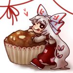  1girl :p bow chibi chibi_only food fujiwara_no_mokou hair_bow hijiri_(xxhizirixx) long_hair long_sleeves looking_at_viewer lowres muffin ofuda ofuda_on_clothes oversized_food oversized_object pants red_pants shirt smile solo suspenders tongue tongue_out touhou very_long_hair white_bow white_hair white_shirt 