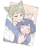  2girls :d ^_^ arm_around_neck blue_hair blunt_bangs blush closed_eyes cone_hair_bun double_bun fukurai_azami gloves grey_hair hair_bun hand_up highres hug jasmine_(toshi_densetsu_kaitai_center) long_sleeves looking_at_viewer multiple_girls open_mouth partially_fingerless_gloves shirt shishibone_(deerbooornes) short_hair smile toshi_densetsu_kaitai_center upper_body v white_shirt 