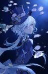  1girl air_bubble blue_eyes blue_jacket blue_streaks breasts bubble furina_(genshin_impact) genshin_impact hair_between_eyes hat heterochromia jacket long_hair long_sleeves looking_at_viewer looking_back medium_breasts multicolored_hair open_mouth solo streaked_hair submerged sumi_(suumiko_) top_hat unfinished white_hair 