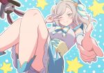 1girl absurdres bare_legs beret bloomers blue_background blue_eyes blue_hat blush breasts ceras_yanagida_lilienfeld ceras_yanagida_lilienfeld_(mahou_shoujo_rhythmic_heart) convenient_leg detached_sleeves dress fingernails floating grey_hair hair_ribbon hat hat_ornament highres large_breasts link!_like!_love_live! long_hair love_live! magical_girl official_alternate_costume one_eye_closed pointing pointing_at_viewer polka_dot polka_dot_background ribbon shoes short_dress smile smug solo star_(symbol) star_hat_ornament star_symbol_background stuffed_animal stuffed_rabbit stuffed_toy underbust upskirt v v_over_eye yellow_corset zanpon 