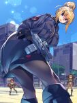  3girls :d ^_^ assault_rifle belt black_boots black_pantyhose blonde_hair blue_eyes blue_sky bodysuit boots breast_strap breasts brown_bodysuit brown_hair brown_leotard brown_pantyhose brownie_(last_origin) building chest_strap city clear_sky closed_eyes day drum_magazine gloves goggles goggles_on_head gun habetrot_(last_origin) hair_between_eyes hair_bun hair_ornament hairclip hat heavy_machine_gun highres hime_cut holding holding_gun holding_weapon impossible_clothes impossible_leotard jacket lamppost large_breasts last_origin leotard leprechaun_(last_origin) light_particles long_hair looking_at_viewer looking_back machine_gun magazine_(weapon) military_hat multiple_girls non-circular_lens_flare outdoors oversized_jacket pantyhose red_eyes red_hair rifle short_hair sidelocks single_hair_bun skin_tight sky skyscraper smile sparkle standing standing_on_one_leg umigarasu_(kitsune1963) underbust utility_belt very_long_hair weapon 