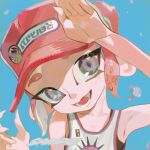  1girl :d acuteghost armpits baseball_cap black_bra blue_background bra bra_peek collarbone fingernails flat_chest grey_eyes hand_on_own_head hands_up hat head_tilt highres looking_at_viewer octoling octoling_girl octoling_player_character open_mouth pink_hair pink_hat portrait sample_watermark sharp_fingernails short_hair smile solo splatoon_(series) tank_top tentacle_hair underwear watermark white_tank_top 