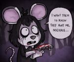 alternative_fashion animal_crossing animal_humanoid anthro black_hair blood blood_splatter bodily_fluids constricted_pupils crying female fur goth hair holding_object humanoid jabroni_mike makeup mammal mammal_humanoid mascara messy_hair mouse mouse_tail murid murid_humanoid murine nintendo pupils rat rodent rodent_humanoid running_makeup running_mascara sad small_pupils solo solo_focus tears white_body white_fur wide_eyed winter_grimwell