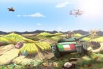  aircraft beanie blue_flower bob_semple_tank brown_hair clio_aite cloud firing flower grass gun hat helicopter highres italian_flag kkzullu komachi_panko military_vehicle motor_vehicle mountainous_horizon phase_connect red_flower red_hat red_panda red_panda_ears red_panda_girl sky tank vehicle_request weapon 