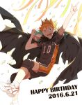  1boy arm_up ball black_cape cape crown english_text feather_trim haikyuu!! happy_birthday hinata_shouyou holding holding_ball index_finger_raised kuga_669 light looking_at_viewer one_eye_closed open_mouth red_hair shoes short_hair short_sleeves shorts sneakers socks teeth tongue white_socks yellow_eyes 