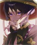  1boy absurdres armor black_bodysuit black_hair black_kimono black_sleeves blunt_ends bodysuit border curled_fingers eyelashes eyeliner eyeshadow genshin_impact gold hand_up hat highres japanese_armor japanese_clothes jewelry jingasa juban kimono kote kurokote makeup male_focus mandarin_collar neck_ring nero_hanken open_clothes open_kimono open_mouth purple_eyes purple_rope red_eyeliner red_eyeshadow red_hat red_kimono rope scaramouche_(genshin_impact) shimenawa short_sleeves single_sode smile solo watermark white_background white_border white_kimono white_mouth white_rope wispy_bangs 