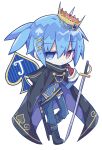  1boy absurdres black_boots black_cape blue_eyes blue_hair blue_jacket blue_pants boots cape chibi chibi_only closed_mouth commentary_request crown full_body futaba969649 gloves hair_between_eyes hair_ornament heterochromia highres jacket lace-up_boots long_sleeves looking_at_viewer male_focus pants puyopuyo red_eyes red_gloves short_hair sig_(puyopuyo) simple_background solo spade_(shape) standing sword weapon white_background x_hair_ornament 