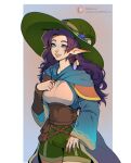 balnurk belt big_hat blue_eyes bottomwear breasts capelet clothing corset curvy_figure digital_media_(artwork) ear_piercing ear_ring elf female female_humanoid flower hair happy hat headgear headwear hi_res hourglass_figure humanoid humanoid_pointy_ears lingerie lips long_hair looking_at_viewer medium_breasts piercing plant pointy_ears purple_hair ring_piercing shorts simple_background slim small_waist smile smiling_at_viewer solo standing topwear white_body white_skin wide_hipped_female wide_hips witch_hat