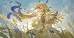  1girl absurdres arknights bare_shoulders bead_necklace beads beef_(artist) bird blonde_hair breasts chinese_hairpin closed_mouth collarbone dragon_girl dragon_horns dragon_tail earrings eastern_dragon_horns eastern_dragon_tail green_eyes highres horns jewelry long_hair medium_breasts necklace pointy_ears rice_(plant) shirt shu_(arknights) strapless strapless_shirt tail tassel tassel_earrings tube_top very_long_hair white_tube_top 