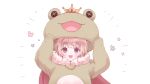  1boy 1girl adjusting_clothes adjusting_headwear animal_costume cape frog_costume fur-trimmed_cape fur_trim highres idolmaster idolmaster_side-m looking_at_viewer male_focus mascot_costume mi_oxo_9m open_mouth pierre_bichelberger purple_eyes red_cape simple_background solo 