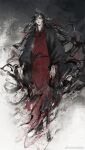  1boy ahoge black_coat black_hair black_smoke blood blood_on_body blood_on_clothes blood_on_face blood_on_hands blood_on_neck blood_splatter chinese_clothes closed_eyes closed_mouth coat energy faux_traditional_media floating_hair full_body hair_down hair_ribbon half_updo hanfu highres ink_wash_painting kcllzas163 long_hair long_sleeves looking_at_viewer male_focus modao_zushi official_alternate_costume official_alternate_hairstyle open_clothes open_coat red_hanfu red_ribbon ribbon robe smoke solo standing third-party_source very_long_hair watermark wei_wuxian wei_wuxian_(yiling_laozu) weibo_watermark wide_sleeves 