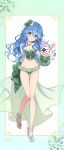  1girl absurdres bare_shoulders bikini blue_eyes blue_hair bridal_legwear cape date_a_live eyepatch frilled_bikini frills full_body hand_puppet highres himekawa_yoshino long_hair looking_at_viewer navel official_alternate_costume official_art puppet rabbit_puppet smile solo swimsuit third-party_source yoshinon 