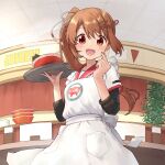  1girl :d apron asukaru_(magika_ru) black_shirt blush bowl brown_hair commentary_request cowboy_shot dated hair_ribbon hands_up highres holding holding_tray indoors long_hair long_sleeves looking_at_viewer magia_record:_mahou_shoujo_madoka_magica_gaiden mahou_shoujo_madoka_magica open_mouth ponytail red_eyes red_sailor_collar ribbon sailor_collar shirt signature sleeves_pushed_up smile solo spoon tray white_apron white_ribbon yui_tsuruno 