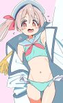  1girl aqua_bikini arm_up armpits bikini blue_sailor_collar blush_stickers brown_eyes coat commentary cowboy_shot epaulettes flat_chest flying_sweatdrops frilled_bikini_bottom grey_hair hair_between_eyes hair_ribbon hat looking_at_viewer multicolored_hair navel noyama_takenoko off_shoulder official_alternate_costume onii-chan_wa_oshimai! open_clothes open_coat open_mouth outline oyama_mahiro pink_background pink_hair red_ribbon ribbon sailor_bikini sailor_collar simple_background solo stomach swimsuit thigh_gap twintails two-tone_hair wavy_mouth white_coat white_hat white_outline 