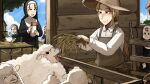  &gt;_&lt; 5girls :&lt; :d apron bird blonde_hair blue_eyes brown_eyes brown_hair cat chicken clumsy_nun_(diva) diva_(hyxpk) duck english_commentary feeding froggy_nun_(diva) grey_apron grey_hat hat hay highres little_nuns_(diva) long_hair mole mole_on_cheek mole_under_mouth multiple_girls nun sheep shirt smile spicy_nun_(diva) strict_nun&#039;s_mother_(diva) strict_nun_(diva) traditional_nun white_shirt 