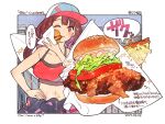  1girl baseball_cap bilingual_text black_jacket blue_sky border breasts brown_eyes brown_hair burger city cleavage closed_mouth clothes_around_waist collarbone colored_inner_hair commentary_request cowboy_shot dated day dot_nose eating english_text eyelashes food food_focus hand_on_own_hip happy hat holding holding_food jacket jacket_around_waist light_blush lipstick long_hair looking_at_viewer makeup midriff mixed-language_text momiji_mao multicolored_hair napkin navel one_eye_closed original outdoors outside_border pink_lips purple_hair red_sports_bra sky smile solo sparkle speech_bubble sports_bra translation_request two-tone_hair wavy_hair white_border white_hat 
