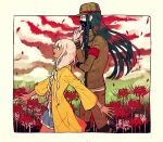  1boy 1girl bandaged_hand bandages black_hair blue_eyes blue_skirt bra bracelet cloud cloudy_sky danganronpa_(series) danganronpa_v3:_killing_harmony flower hat jewelry long_hair mask open_clothes open_mouth red_flower red_sky shinguuji_korekiyo skirt sky spider_lily underwear walking white_bra white_hair yellow_eyes yonaga_angie yyy246 zipper 