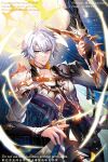  1boy aminww_amingming antenna_hair armor black_choker black_gloves black_pants black_shirt blue_cape blue_eyes cape chinese_commentary choker coat commentary_request cowboy_shot facebook_username fingerless_gloves gloves halo halo_behind_head highres holding holding_sword holding_weapon honkai:_star_rail honkai_(series) instagram_username looking_at_viewer male_focus pants parted_bangs pauldrons phainon_(honkai:_star_rail) shirt short_hair shoulder_armor single_glove single_pauldron solo sword thigh_strap twitter_username watermark weapon white_coat white_hair 