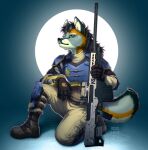  2020 anthro armor artist_name azuza black_hair black_nose blue_armor boots bottomwear canid clothed clothing dated footwear full-length_portrait fur glistening glistening_eyes green_eyes grey_body grey_fur gun hair holding_gun holding_object holding_sniper_rifle holding_weapon kneeling male mammal mouth_closed multicolored_body multicolored_fur orange_body orange_fur pants portrait ranged_weapon rifle simple_background sniper_rifle solo tan_bottomwear tan_clothing tan_pants weapon yellow_body yellow_fur 