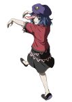  1girl black_shoes black_skirt blue_hair commentary_request from_behind full_body grin hat highres inuno_rakugaki jiangshi looking_at_viewer miyako_yoshika ofuda ofuda_on_head outstretched_arms pale_skin purple_eyes purple_hat red_shirt shirt shoes short_hair simple_background skirt smile solo standing touhou white_background white_sleeves 
