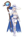  1852489 1girl :d absurdres belt belt_pouch bodysuit boots breasts cloak clothing_cutout commentary_request elf fantasy full_body gloves grey_hair hat heart_cutout highres holding holding_staff knife large_breasts long_hair looking_at_viewer navel_cutout original pointy_ears pouch red_eyes sheath sheathed skin_tight smile solo staff thigh_pouch very_long_hair white_background white_bodysuit white_boots white_cloak white_gloves witch_hat wizard 
