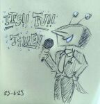 animate_inanimate antennae_(anatomy) clothing dated deltarune electronics humanoid localmare male microphone necktie pen_(artwork) simple_background smile solo suit television tenna_(deltarune) text traditional_media_(artwork) undertale_(series)
