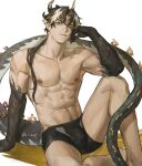  1boy absurdres aixiwuganda_(20222192) arknights boxer_briefs chinese_commentary chong_yue_(arknights) dragon_boy dragon_horns dragon_tail hand_on_own_face highres horns long_hair looking_at_viewer male_focus male_underwear multicolored_hair ponytail tail topless_male underwear white_background 