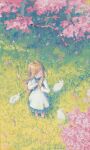  1girl absurdres animal blonde_hair branch closed_eyes flower from_above hand_on_own_chest highres long_hair long_sleeves on_grass original pink_flower rabbit saisho_(qpoujr) scenery standing tree 