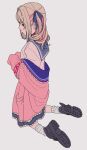 1girl black_shoes blue_sailor_collar brown_hair colored_inner_hair hair_intakes hair_ribbon highres jacket kamatama_rom kneeling makaino_ririmu makaino_ririmu_(4th_costume) multicolored_hair nijisanji pink_eyes pink_hair pink_jacket profile ribbon sailor_collar school_uniform serafuku shirt shoes simple_background sleeves_past_fingers sleeves_past_wrists socks solo two-tone_hair virtual_youtuber white_background white_shirt white_socks 