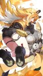  1girl absurdres animal_ears ass belt black_gloves black_shorts blonde_hair blush breasts colored_inner_hair cropped_jacket elbow_gloves fingerless_gloves gloves goomrrat green_eyes high-waist_shorts highres jacket ju_fufu long_hair looking_at_viewer looking_back multicolored_hair short_sleeves shorts small_breasts solo striped_hair tail thigh_strap tiger_ears tiger_girl tiger_tail white_hair yellow_jacket zenless_zone_zero 