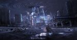  1girl abandoned absurdres black_cloak boots building car chinese_commentary city cloak english_text facing_away grey_boots grey_hair highres highway holding holding_lantern lantern lifeline_(a384079959) lightning long_hair motor_vehicle night original scenery solo storm very_long_hair 