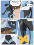 2016 3:4 absurd_res anthro anthro_to_human bathroom biped black_body black_hair blue_body blue_markings breasts colored comic dialogue english_text female ftm_transformation gender_transformation generation_4_pokemon goo_drip goo_transformation hair hi_res inside kirara_(swack16) leg_markings luxray markings nintendo nude pokemon pokemon_(species) pokemorph red_sclera running smile socks_(marking) solo species_transformation speech_bubble standing tail text transformation turning_around wolferion yellow_markings yellow_tail
