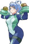  1girl absurdres arms_up blue_bodysuit blue_eyes blue_hair blush bodysuit boku_no_hero_academia breasts closed_mouth covered_navel drill_hair fengling_(furin-jp) gloves green_bodysuit hado_nejire hair_horns highres large_breasts looking_at_viewer multicolored_bodysuit navel short_hair simple_background skin_tight smile solo superhero_costume twin_drills white_background yellow_gloves 