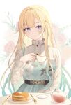  1girl aizawa_ema aqua_dress aqua_eyes aqua_hair aqua_nails belt belt_around_waist black_belt blonde_hair blunt_ends blush breasts butter closed_mouth commentary_request cup dress fingernails floral_background floral_print floral_print_dress food fork gradient_eyes gradient_hair hair_over_shoulder highres holding holding_cup knife lace-trimmed_sleeves lace_collar lace_trim long_hair long_sleeves looking_at_viewer maple_syrup multicolored_eyes multicolored_hair nail_polish nobuko_miele pancake pancake_stack parted_bangs plate print_dress purple_eyes shirt sidelocks sitting smile solo straight-on tea teacup teapot upper_body very_long_hair vspo! white_background white_shirt 
